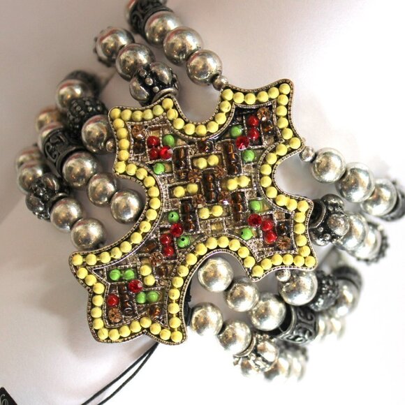 Bohemian Multicolor Crystal Beaded Cross Silver Chunky Wide Stretch Bracelet NWT - Picture 7 of 9